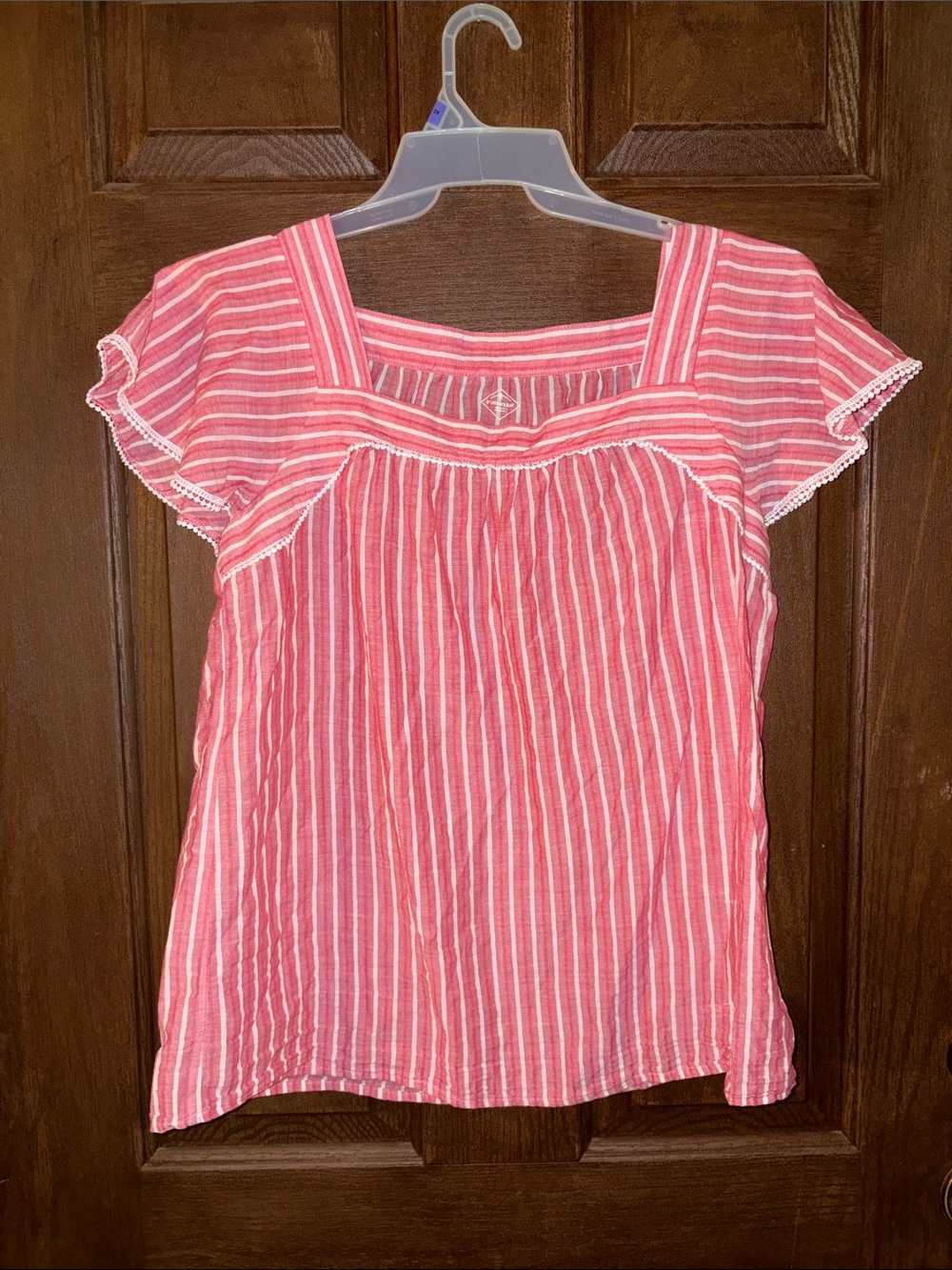 St. John's Bay Pink and White Striped Square-Neck Flutter Sleeve Top